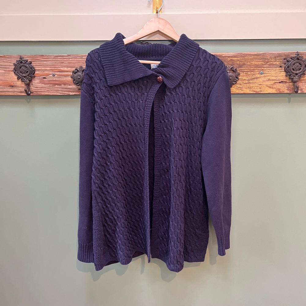 Carbon 2 Cobalt Navy Blue Cable Knit Cotton Cardigan Sweater Womens Large